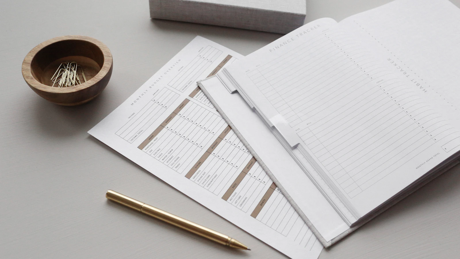 Finance planner with budget sheets and a gold pen, illustrating source of funds documents for citizenship by investment